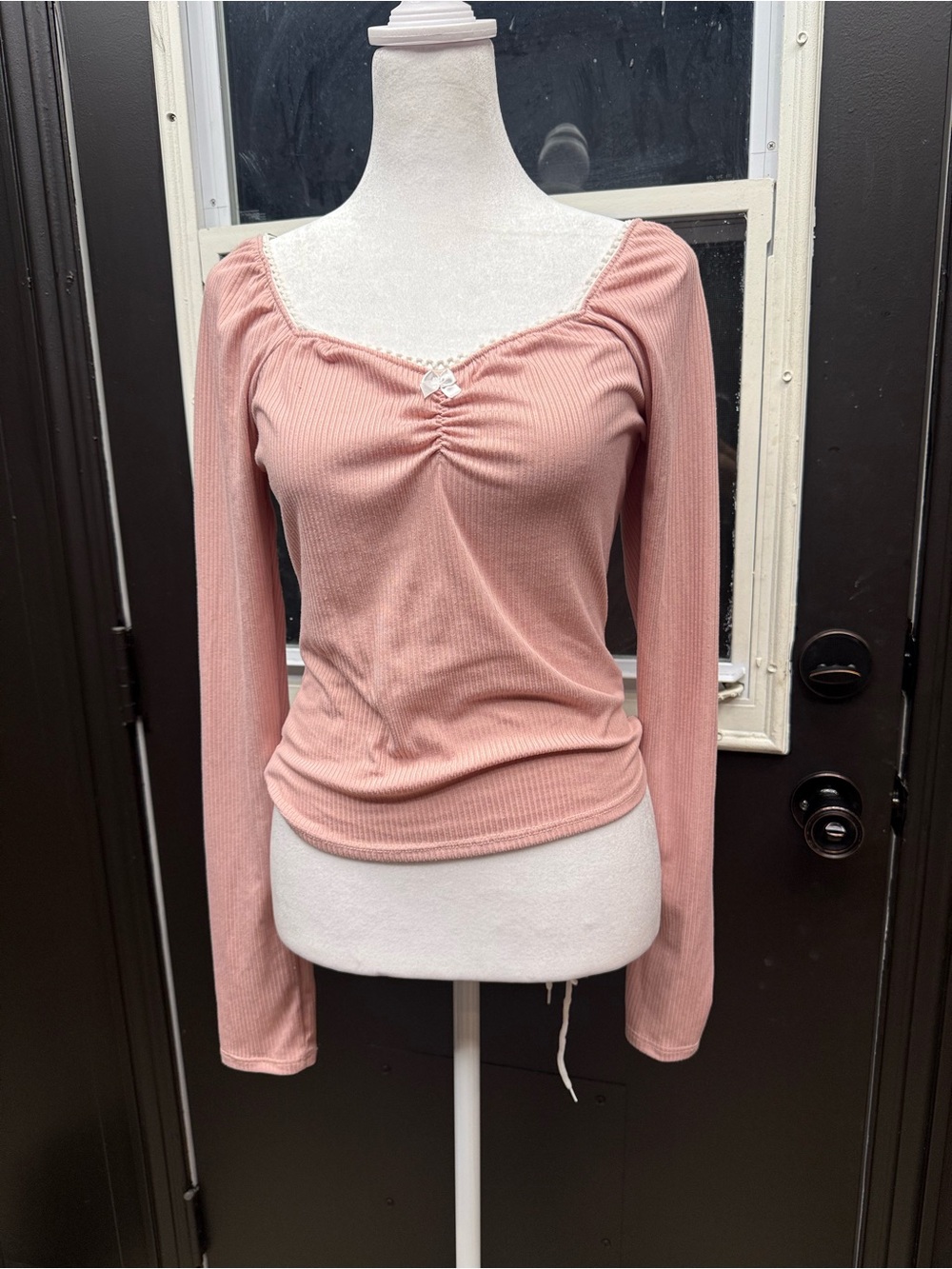 Ragdoll Dusty Pink Ribbed Long-Sleeve Top with Lace Trim